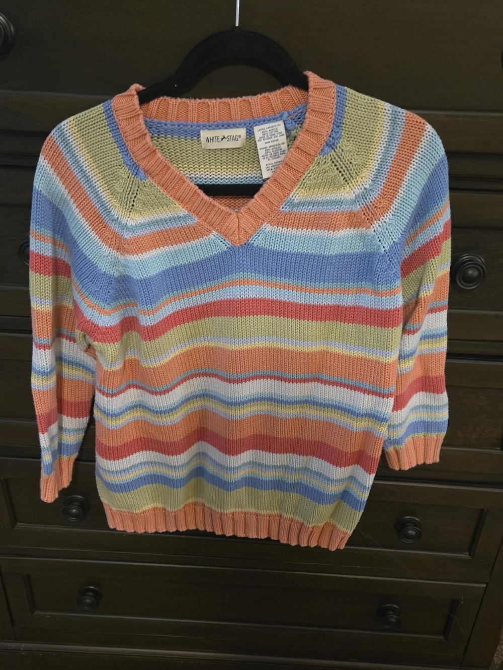 Womens Multistripe V-Neck Sweater in Peach, Blue & Mint